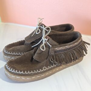 Laidback London Fringe Shoes 37 Ecru Moccasin Brown Suede Handmade Bohemian